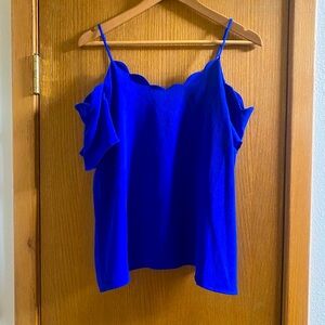 MONTEAU • Bright Blue Crepe Cold Shoulder Top with Scalloped Neckline - XL